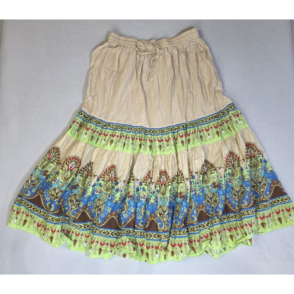 Vintage White Stag Boho Paisley Tiered Maxi Skirt 16W Cottagecore Fairycore